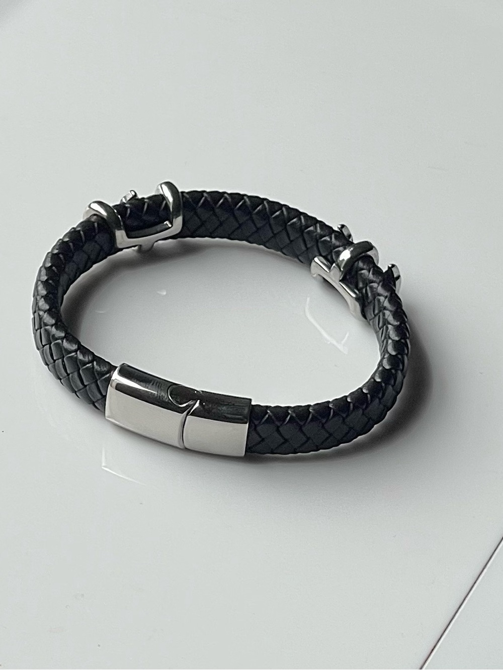 Men's Black Braided Leather Bracelet with Stainless Steel Clasp